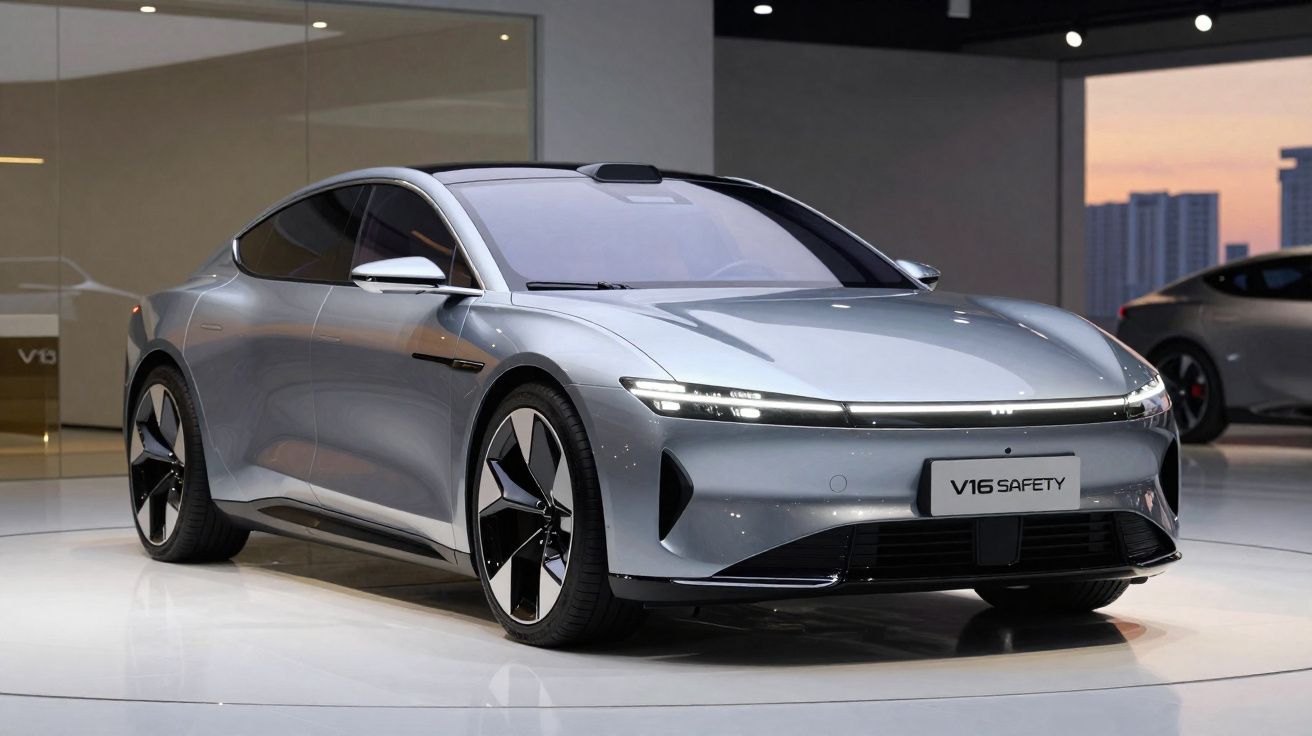 Carro elétrico moderno e prateado exposto em salão, com design aerodinâmico e luzes LED dianteiras.