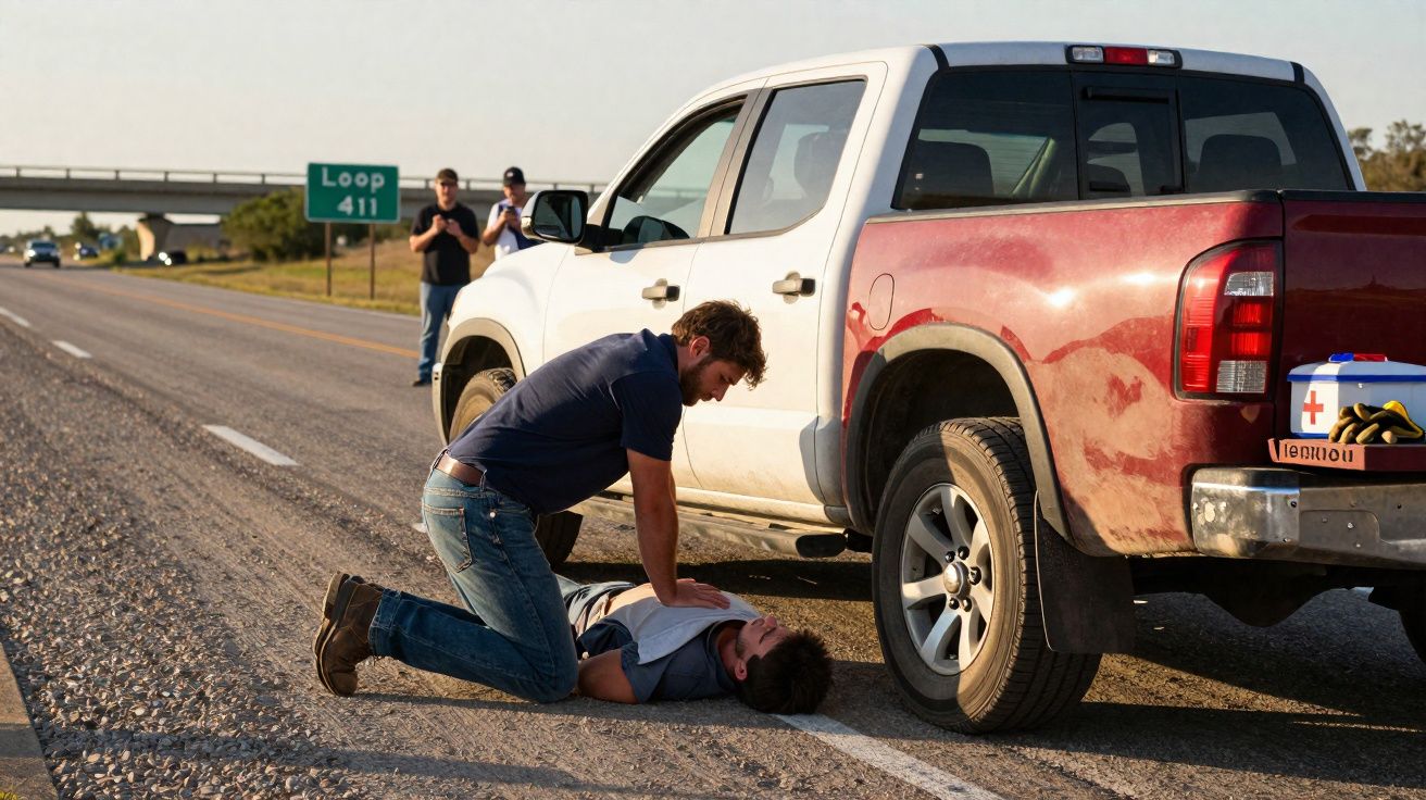 Homem realiza reanimação cardiopulmonar a vítima caída na estrada ao lado de carrinha branca e vermelha.