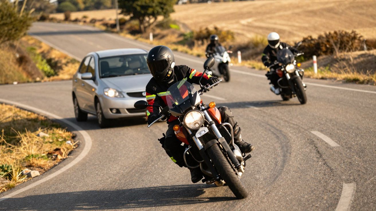 Grupo de motociclistas a fazer uma curva numa estrada rural com um carro a seguir-lhes de perto.