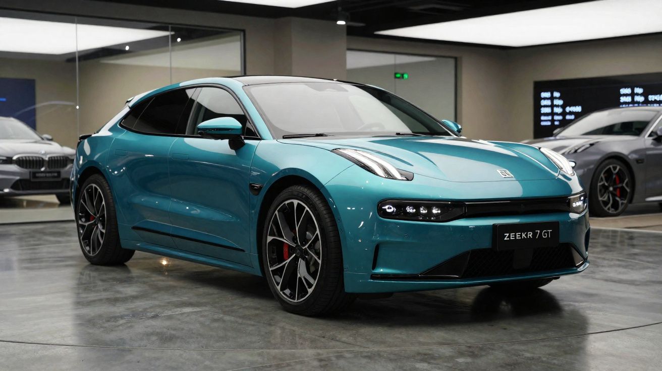 Carro elétrico Zeekr 7 GT azul exibido num salão de automóveis moderno com piso cinzento.
