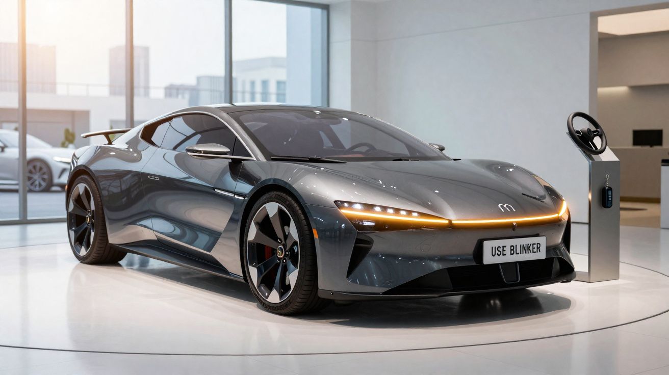 Carro elétrico desportivo cinzento com faróis LED alinhados e carregador, apresentado em showroom moderno.