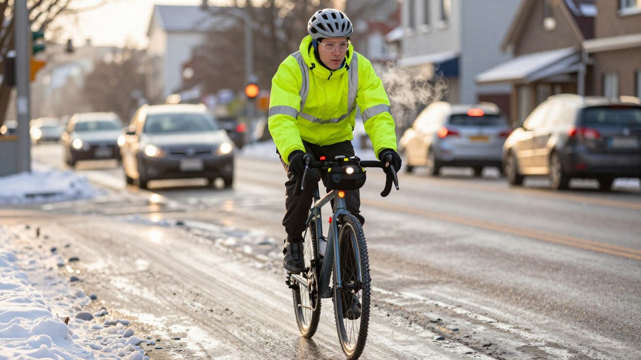 Pessoa com casaco amarelo e capacete a pedalar bicicleta numa estrada urbana com neve nas bermas.
