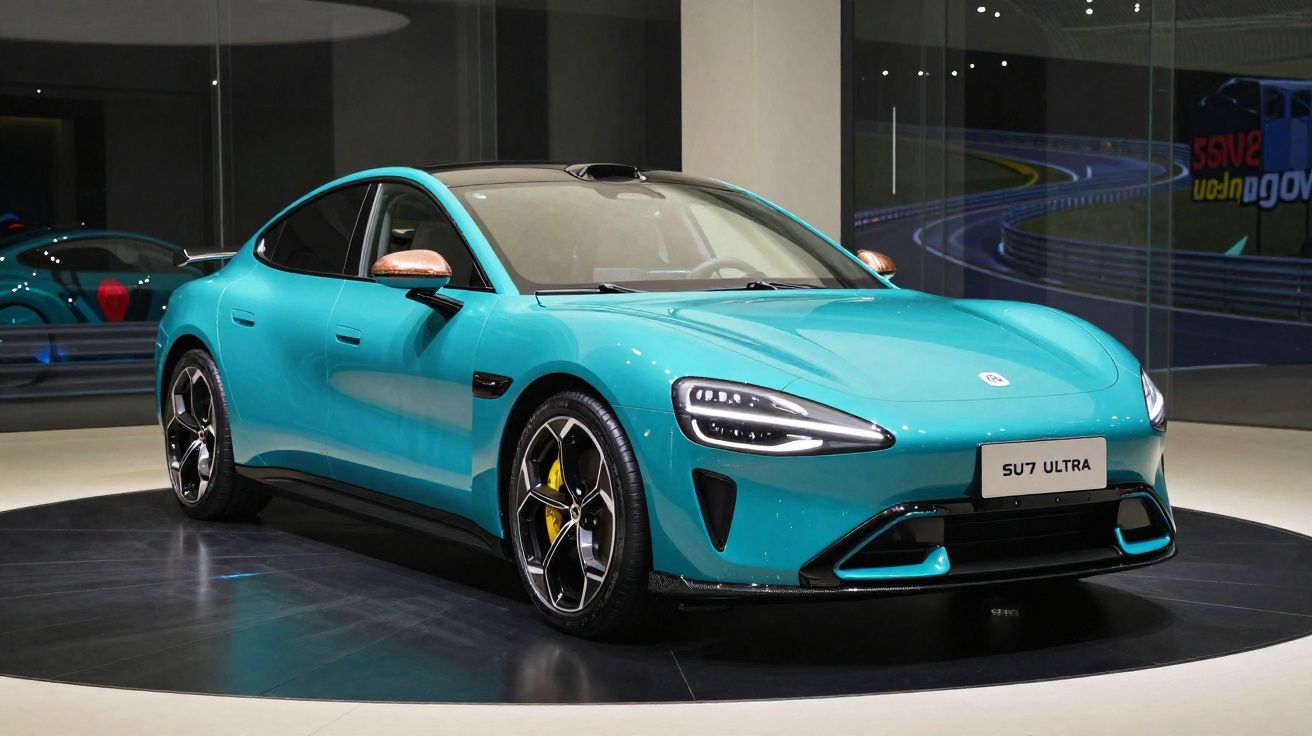 Carro elétrico desportivo azul turquesa com detalhes pretos e jantes desportivas exibido em salão automóvel.