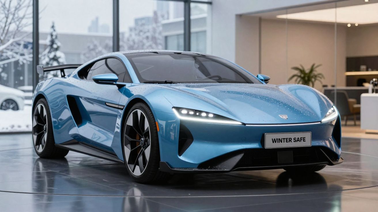 Carro desportivo elétrico azul com luzes dianteiras LED exposto numa sala moderna com neve fora.