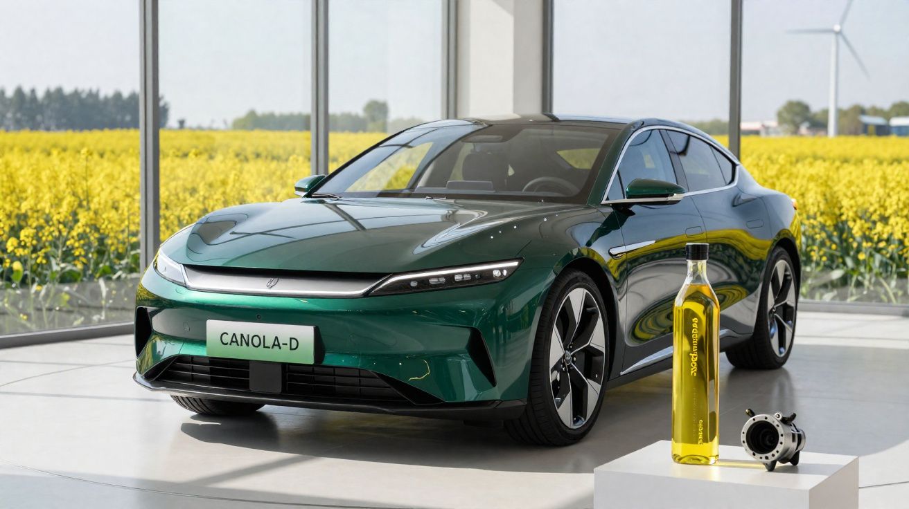 Carro elétrico verde Canola-D em showroom com campo amarelo visível através das janelas amplas.
