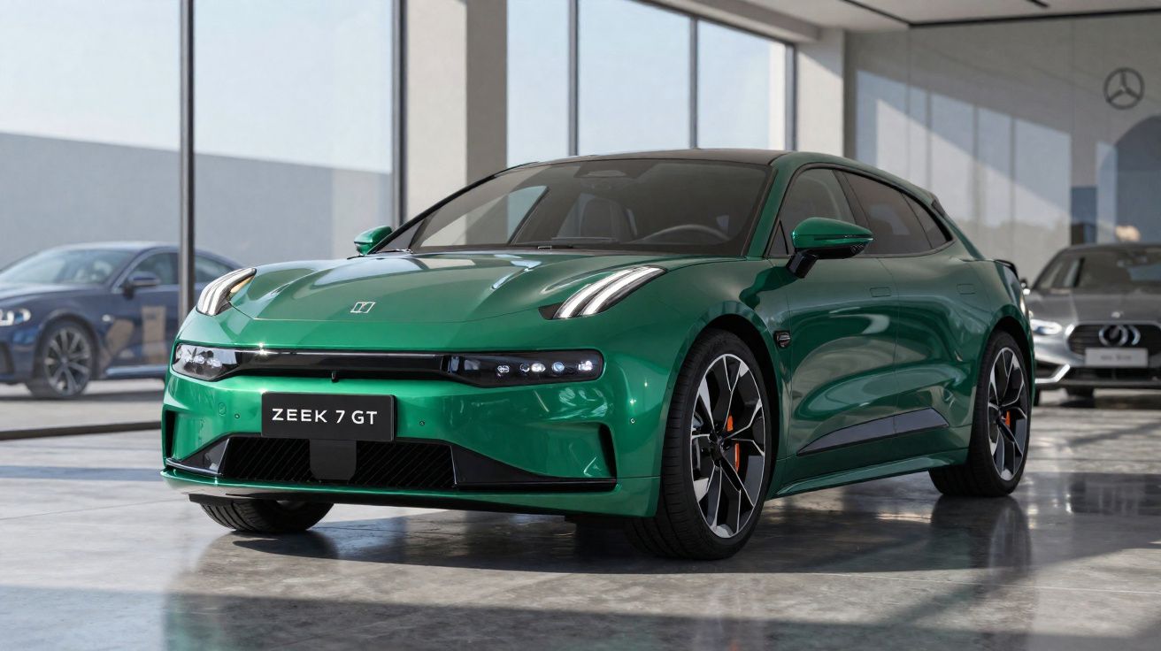 Carro elétrico verde Zeek 7 GT, desportivo, estacionado em showroom moderno com janelas amplas.