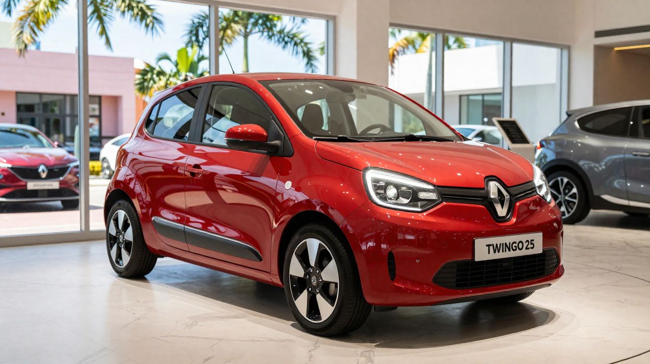 Carro Renault Twingo 2.5 vermelho exposto numa sala de showroom com janelas grandes e luz natural.