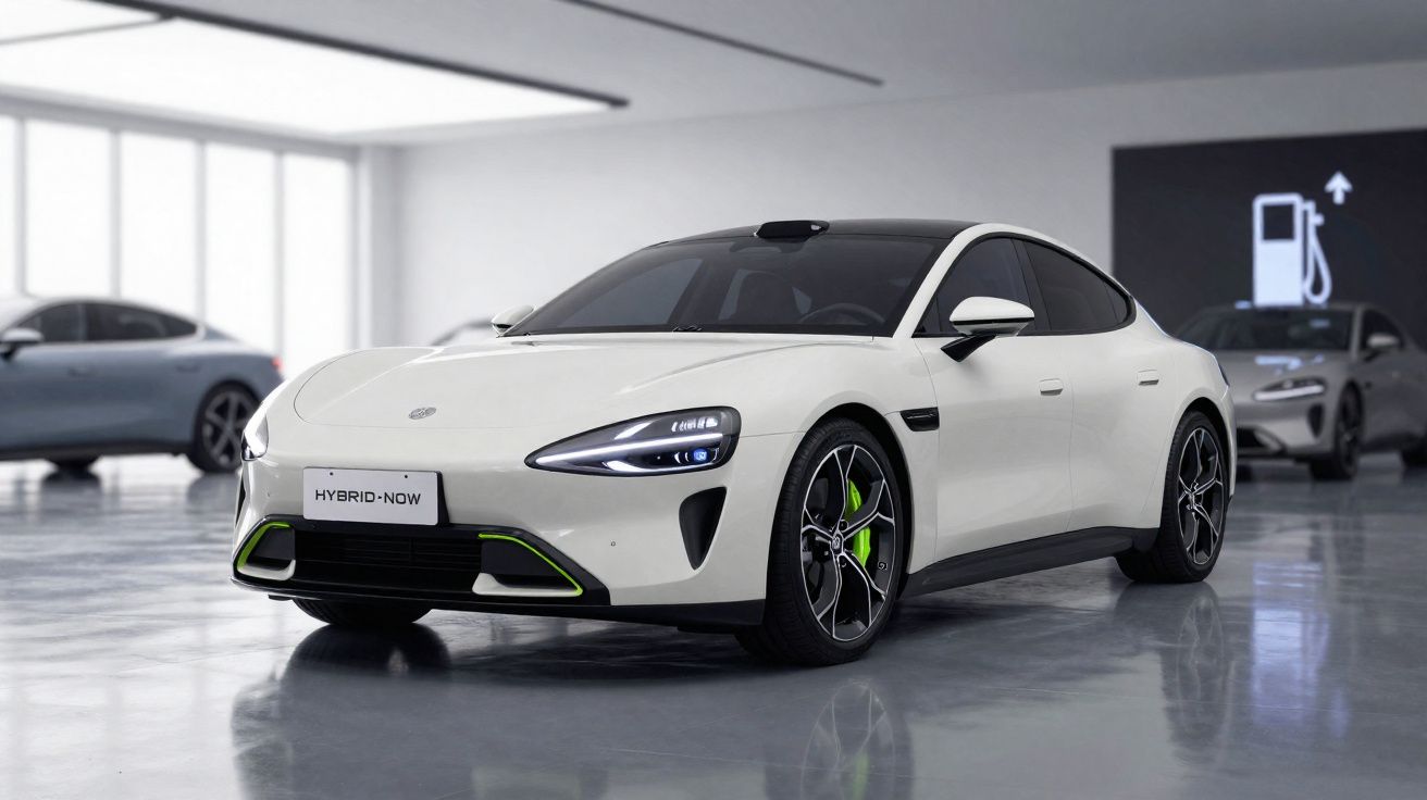 Carro elétrico branco estacionado em showroom moderno com iluminação natural e outros veículos ao fundo.