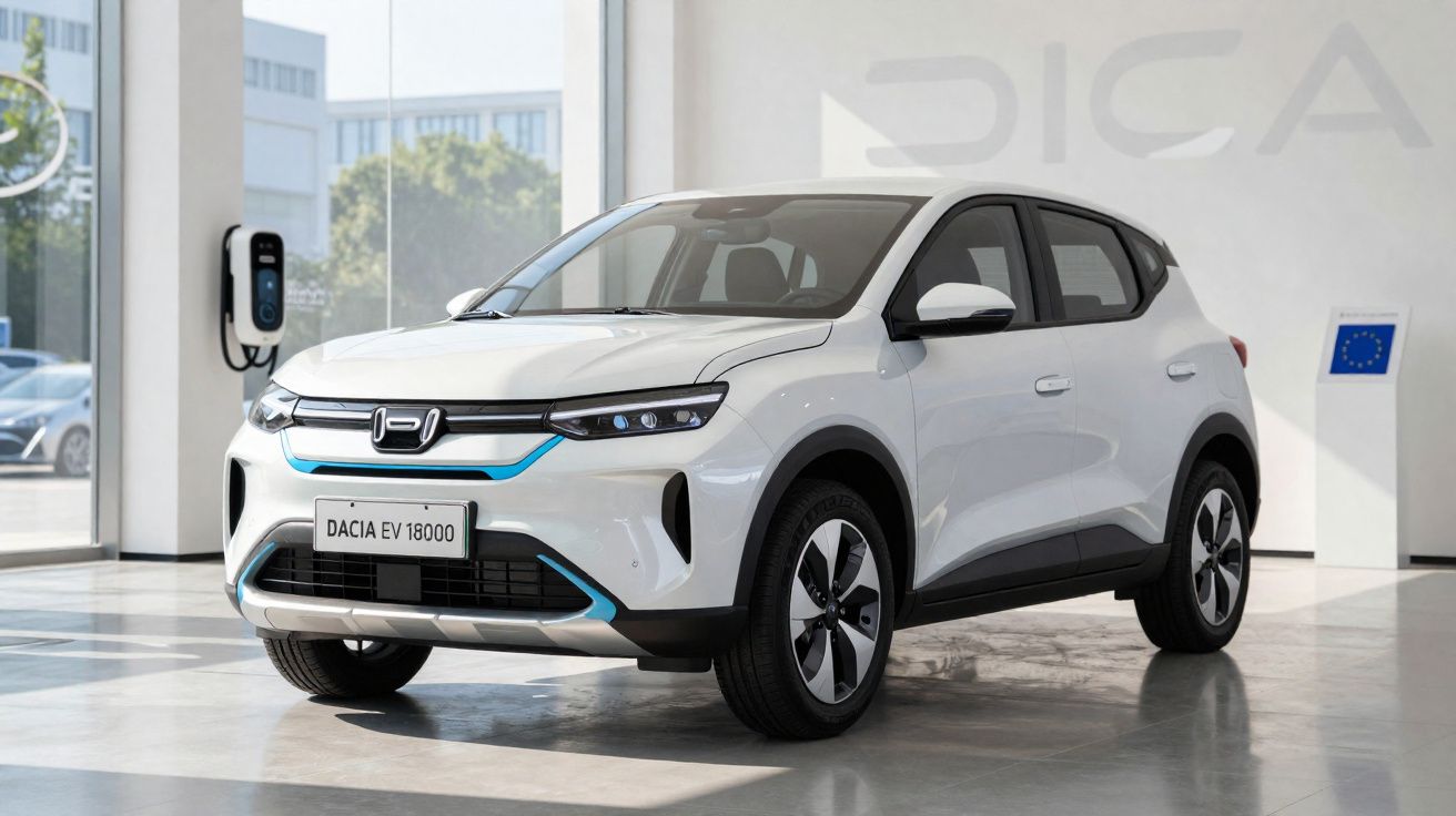 Carro elétrico branco Dacia EV 18000 estacionado em showroom moderno com carregador elétrico na parede.