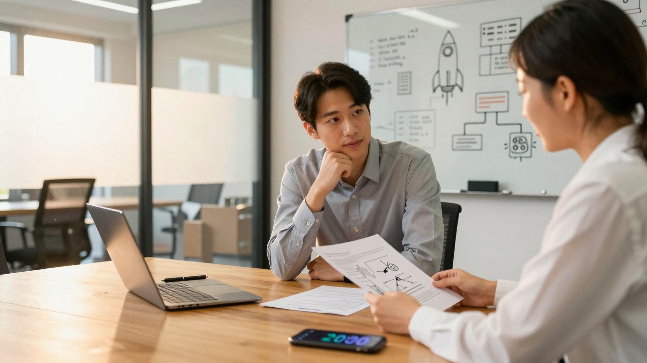 Duas pessoas em reunião de trabalho com documentos, portátil e quadro branco com desenhos técnicos ao fundo.
