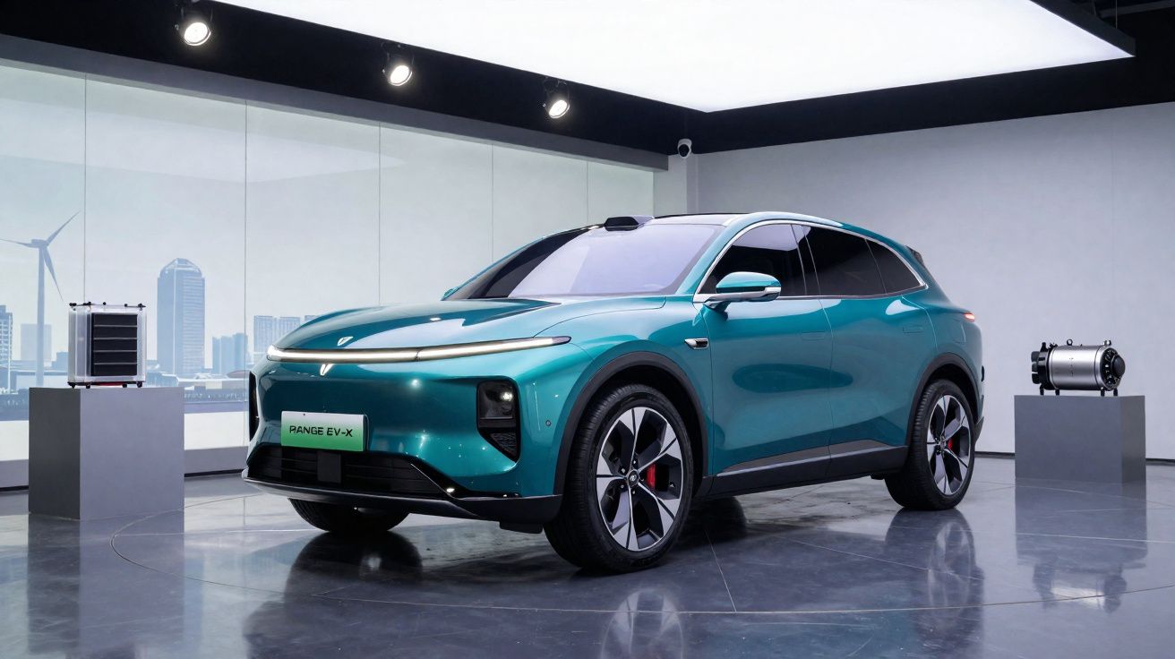 Carro elétrico verde exibido num salão moderno com piso brilhante e janelas com vista urbana.