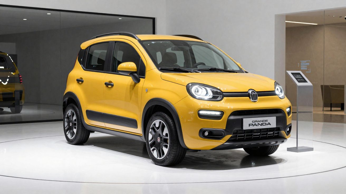 Automóvel Fiat Grande Panda amarelo em exposição num espaço moderno e minimalista.