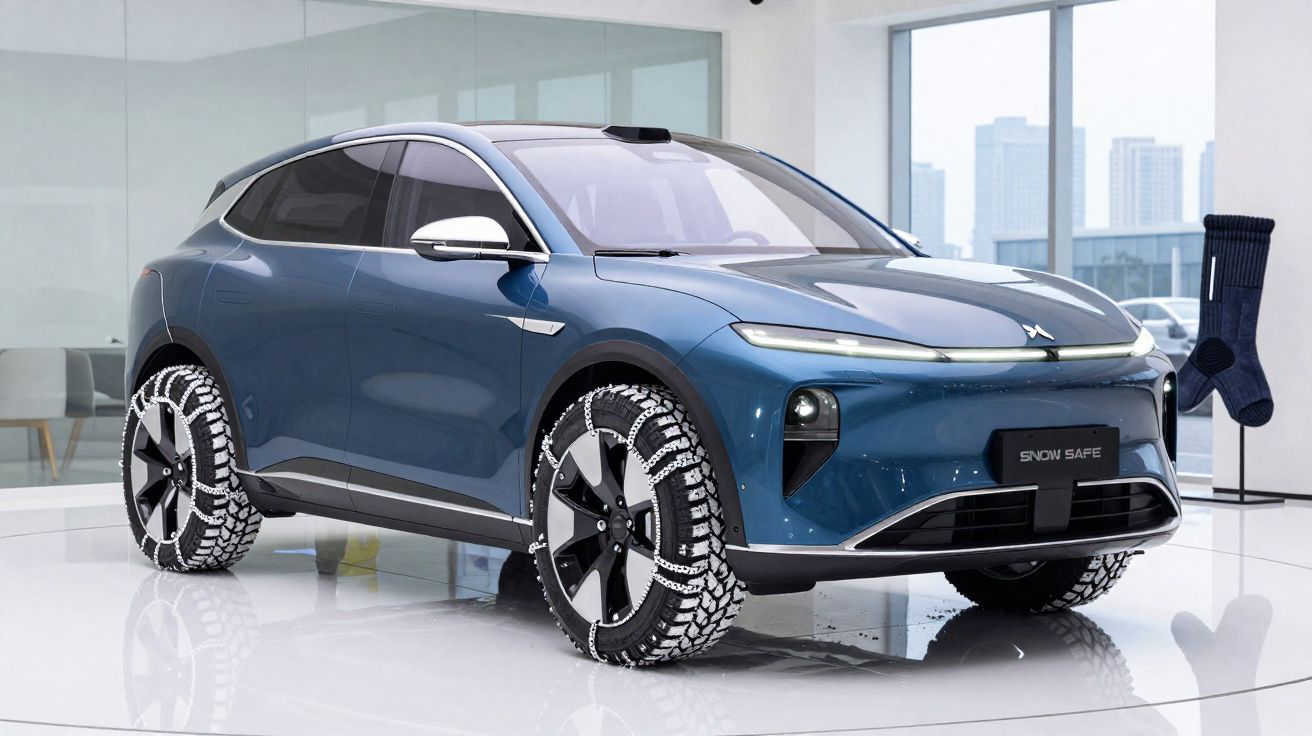 Carro elétrico azul com pneus de neve e correntes exposto em showroom moderno com janelas amplas.