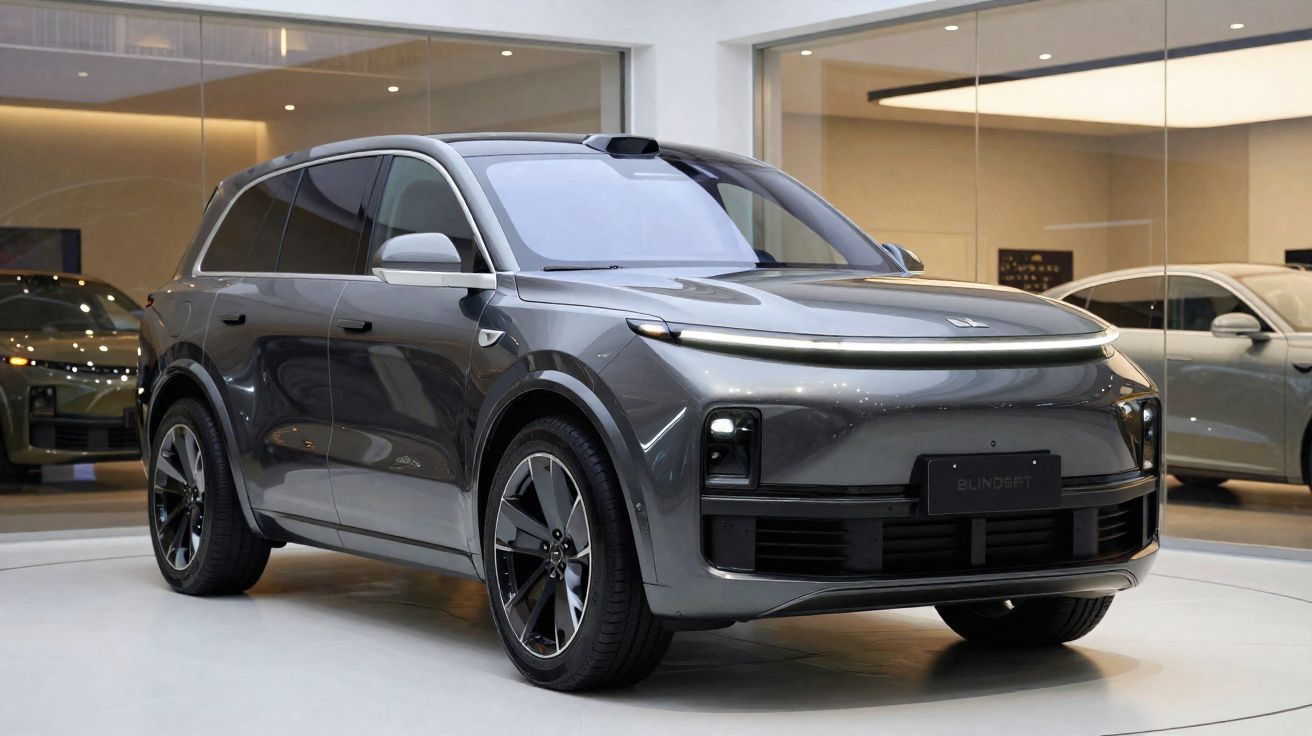 SUV eléctrico cinzento estacionado dentro de uma sala moderna com paredes de vidro.