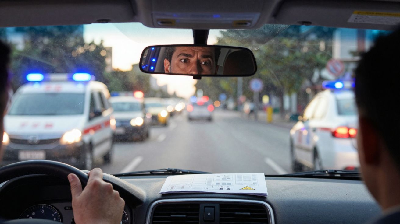 Homem a conduzir carro preocupado com viaturas de emergência com luzes azuis em trânsito urbano.