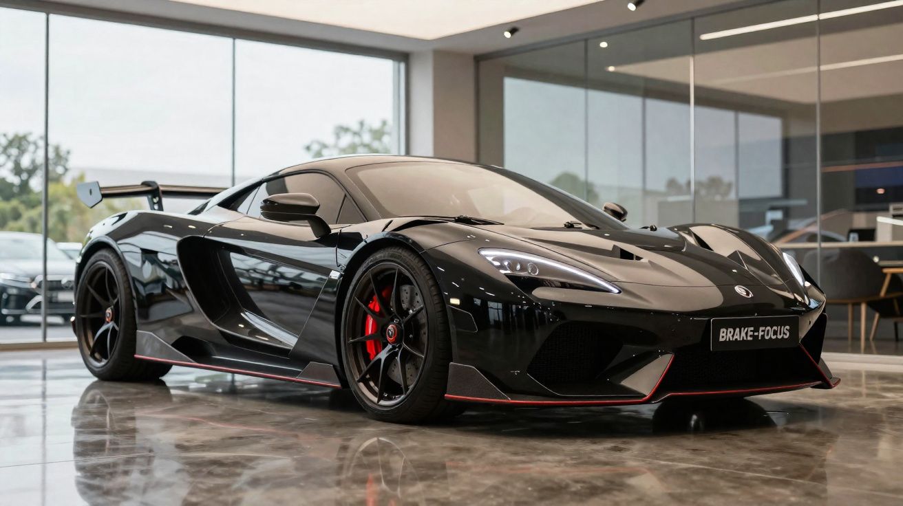 Carro desportivo preto com detalhes vermelhos estacionado em piso brilhante dentro de sala moderna com vidros grandes.