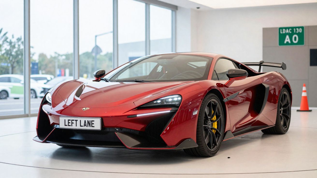 Carro desportivo vermelho com faróis LED e jantes pretas exposto em showroom moderno.