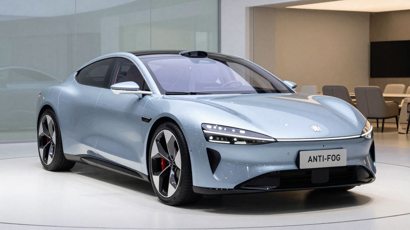 Automóvel elétrico futurista azul prateado numa exposição, com faróis LED e matrícula "ANTI-FOG".