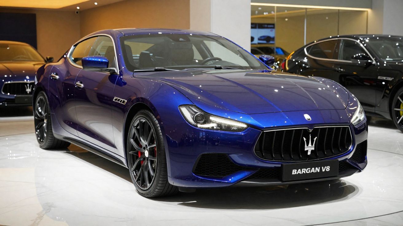 Carro desportivo Maserati BARGAN V8 azul exposto num salão, com design elegante e rodas pretas.