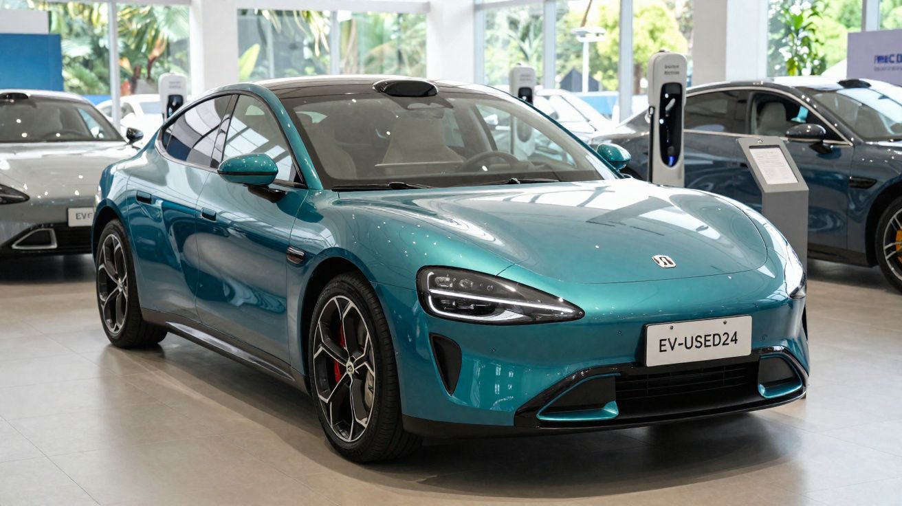 Carro eléctrico desportivo verde metálico estacionado em showroom moderno.