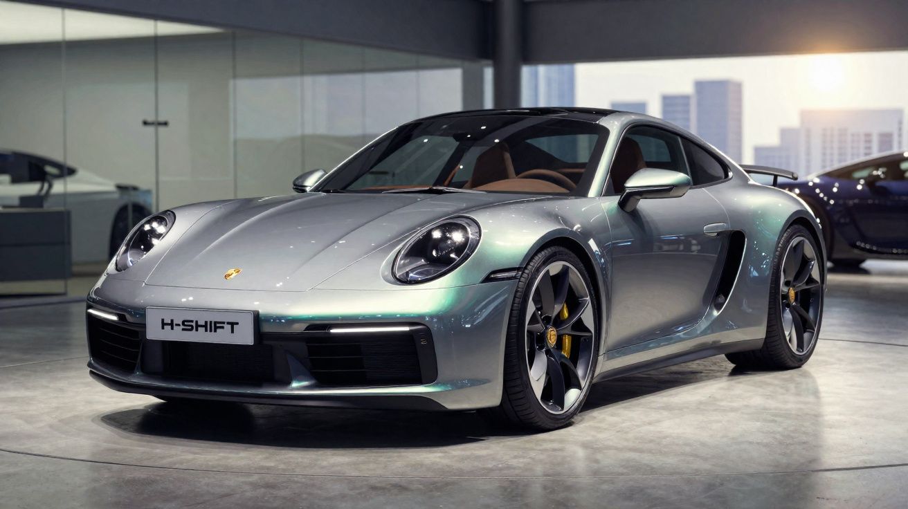 Carro desportivo Porsche prata estacionado num showroom com chão de cimento polido.