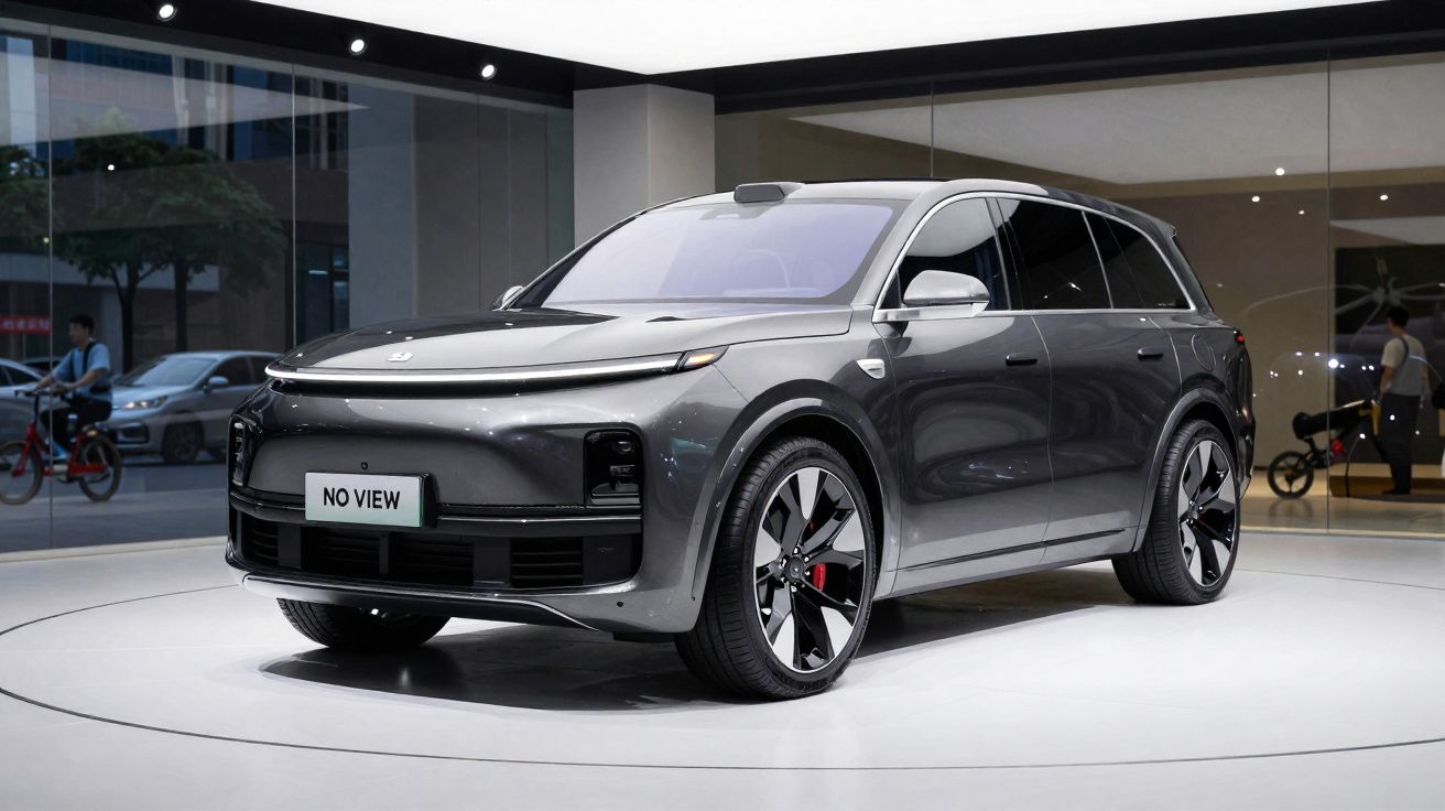 Carro SUV elétrico cinza estacionado numa exposição moderna com iluminação intensa e fundo espelhado.