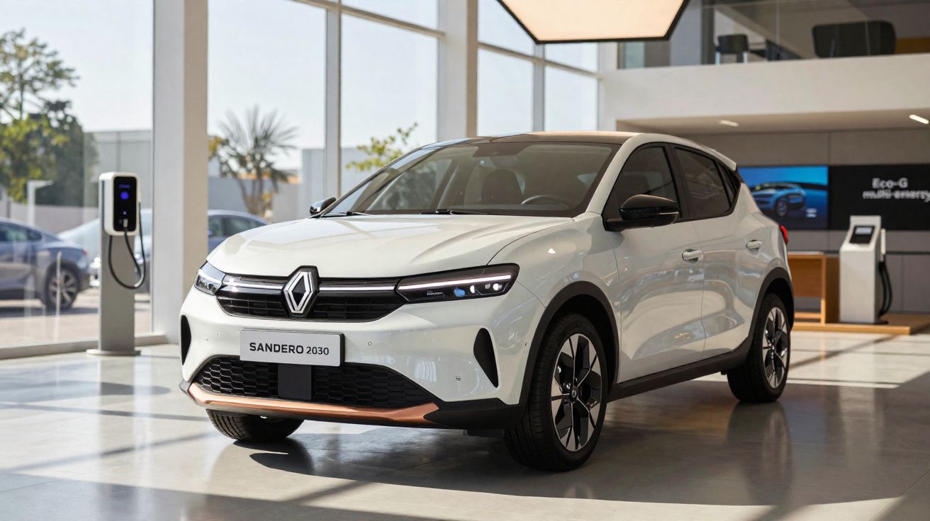 Carro elétrico Renault Sandero 2030 branco exibido numa garagem moderna com carregador elétrico.