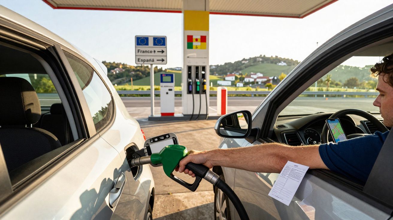 Homem a abastecer carro com gasolina numa bomba numa estação de serviço na fronteira entre França e Espanha.