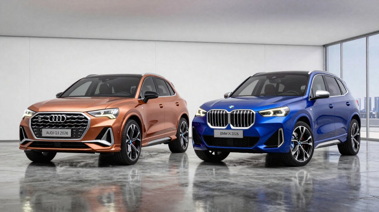 Audi Q3 laranja e BMW X1 azul estacionados lado a lado num piso polido dentro de um espaço moderno com janelas grandes.