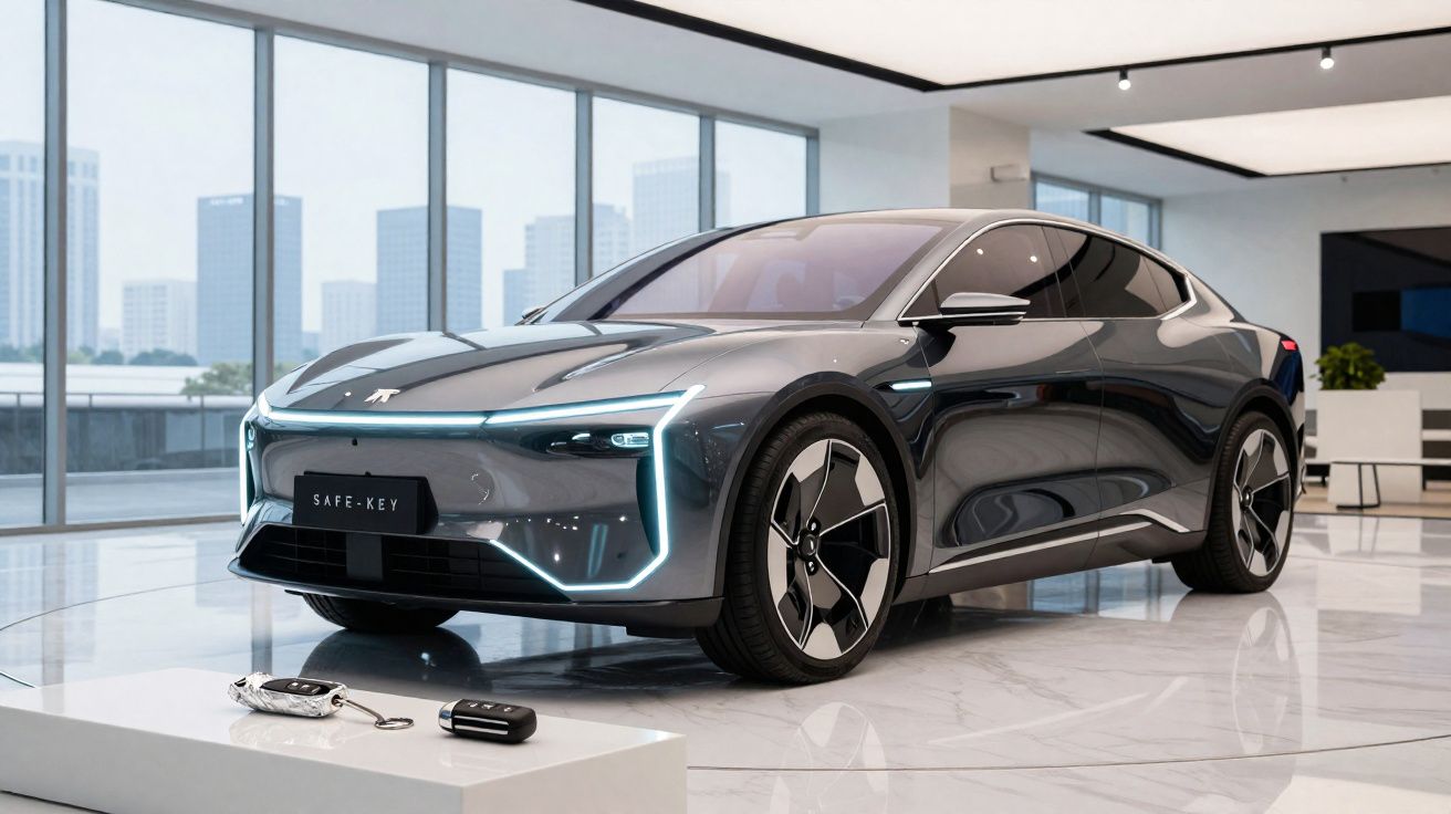 Carro elétrico moderno cinzento com luzes LED azuis exposto numa sala com janelas panorâmicas.