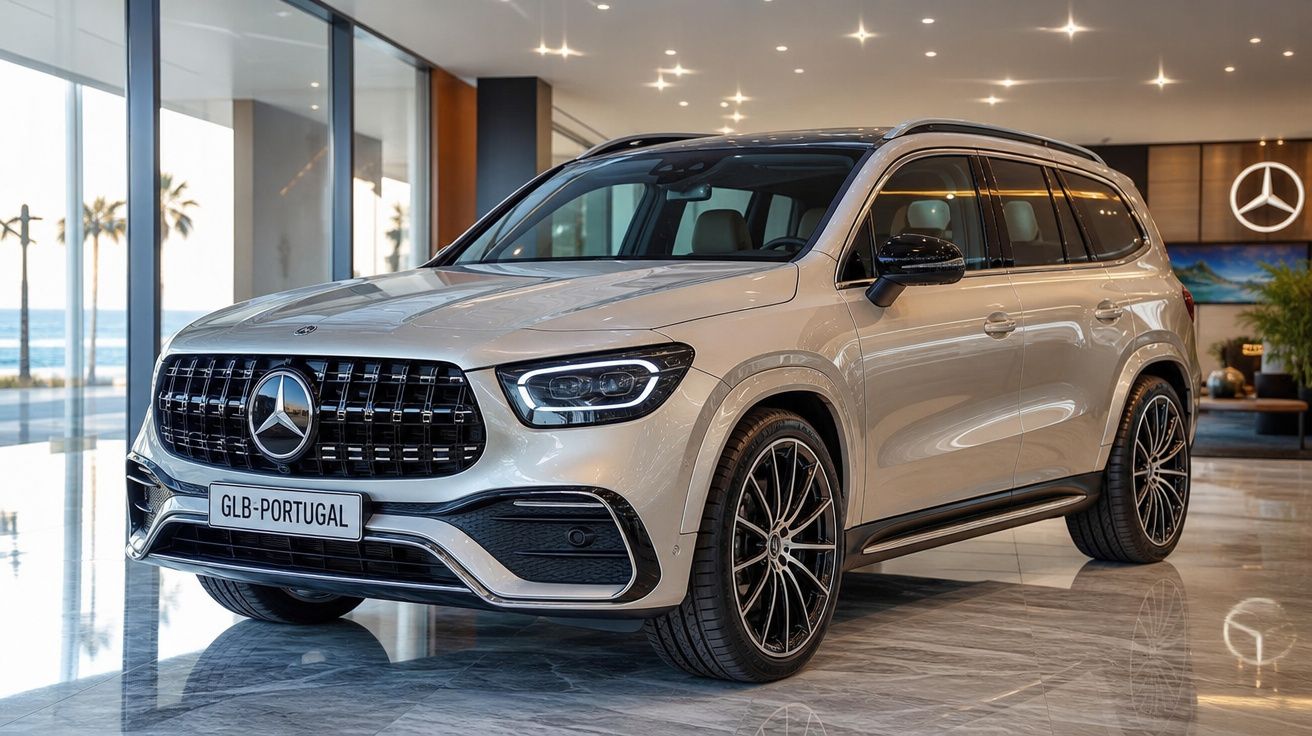 Mercedes-Benz GLB prata exposto em stand moderno com vista para o mar.