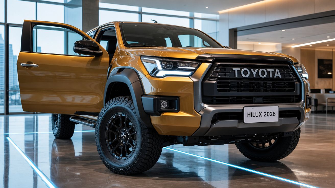 Pick-up Toyota Hilux 2026 dourada com porta dianteira esquerda aberta em showroom iluminado.