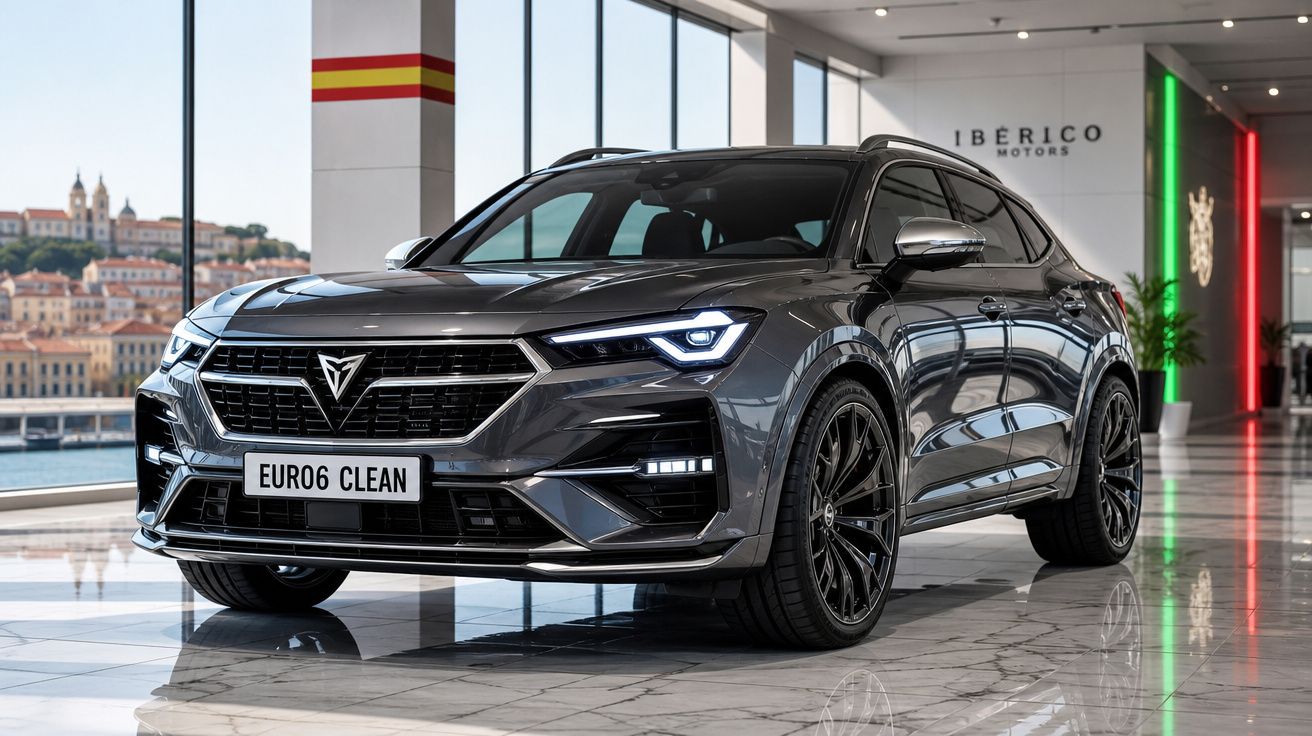 Automóvel SUV cinzento metálico com faróis LED, em showroom moderno com vista panorâmica da cidade.