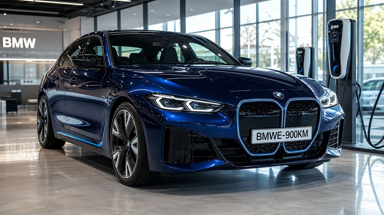 Carro elétrico BMW azul escuro estacionado em interior de showroom com estação de carregamento ao fundo.