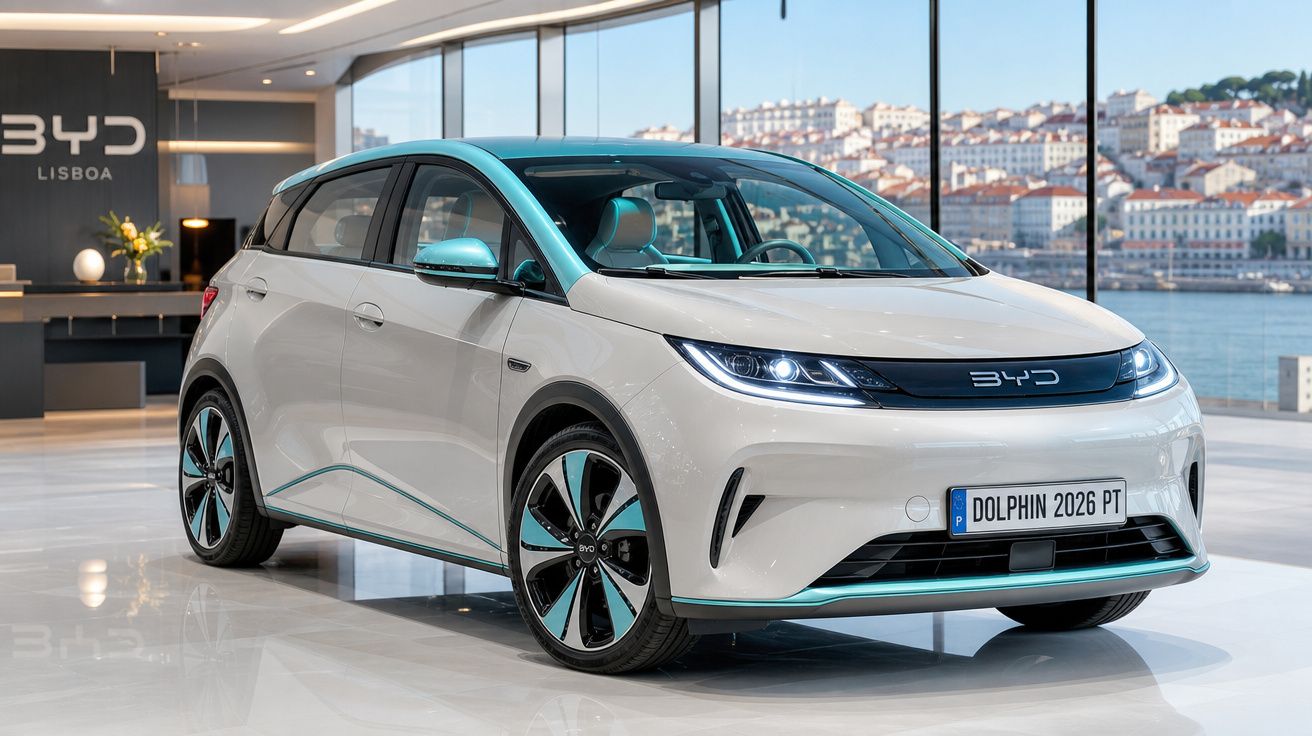 Carro elétrico branco BYD Dolphin em showroom moderno com vista para rio e cidade ao fundo.
