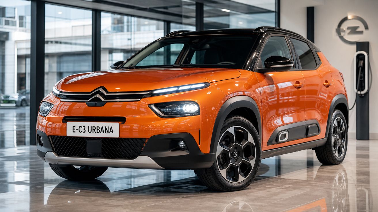 Automóvel Citroën E-C3 Urbana laranja com detalhes pretos em exposição numa sala moderna.