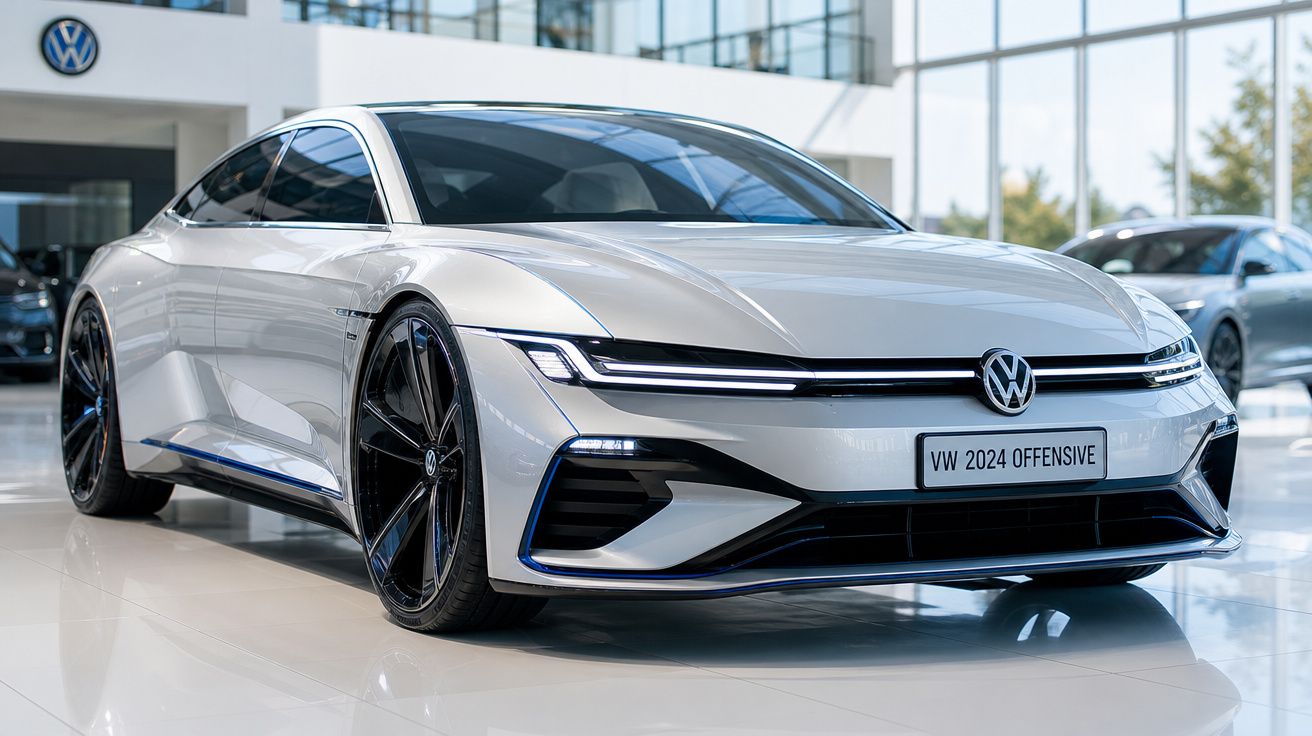 Carro elétrico Volkswagen 2024 branco, moderno e elegante, exibido em stand com jantes pretas grandes.
