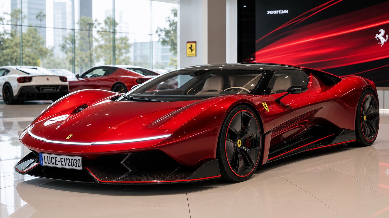 Carro desportivo vermelho Ferrari num salão iluminado com outros carros ao fundo.