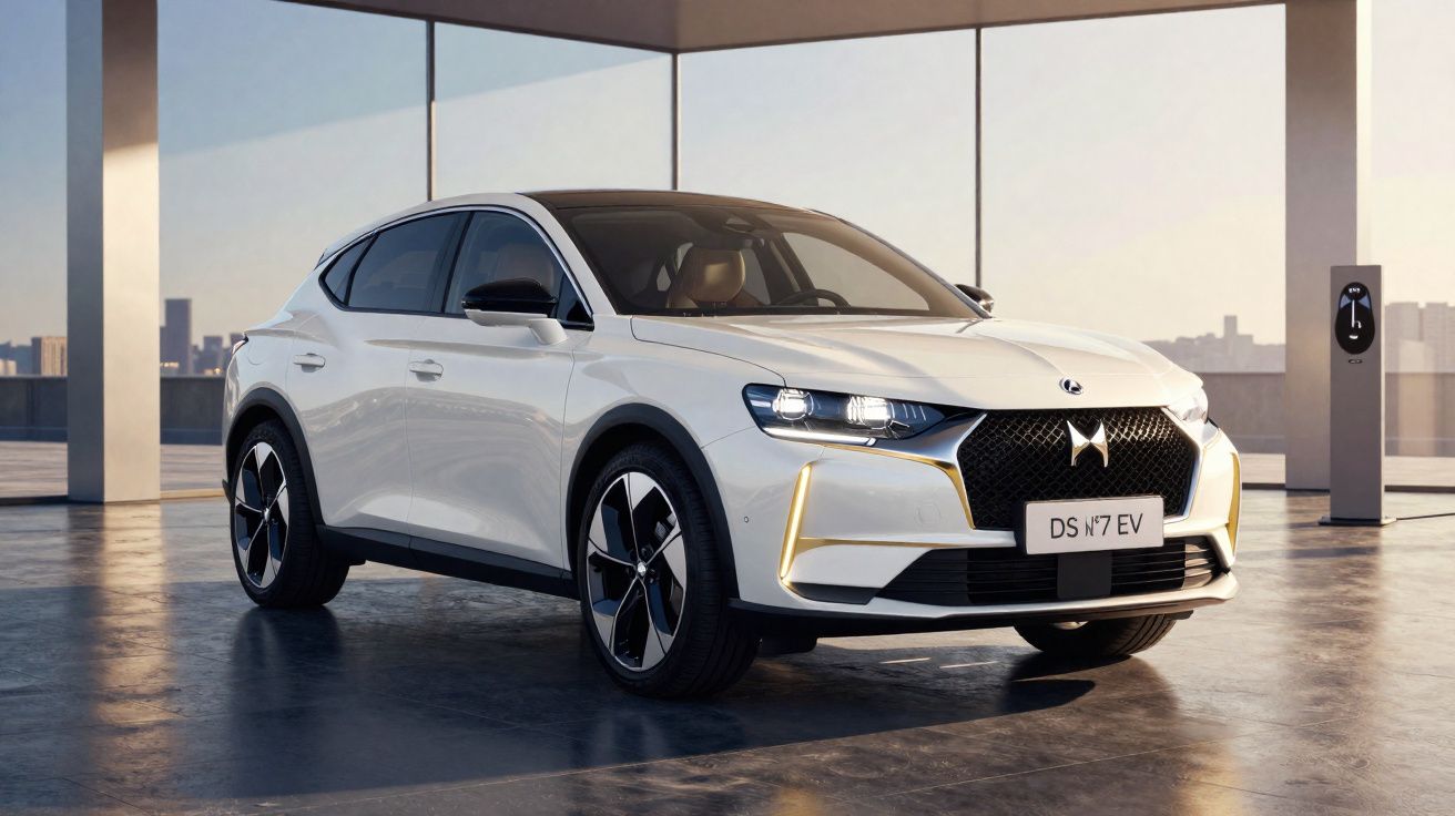 Automóvel elétrico DS 7 EV branco estacionado em garagem moderna com piso escuro e colunas brancas.
