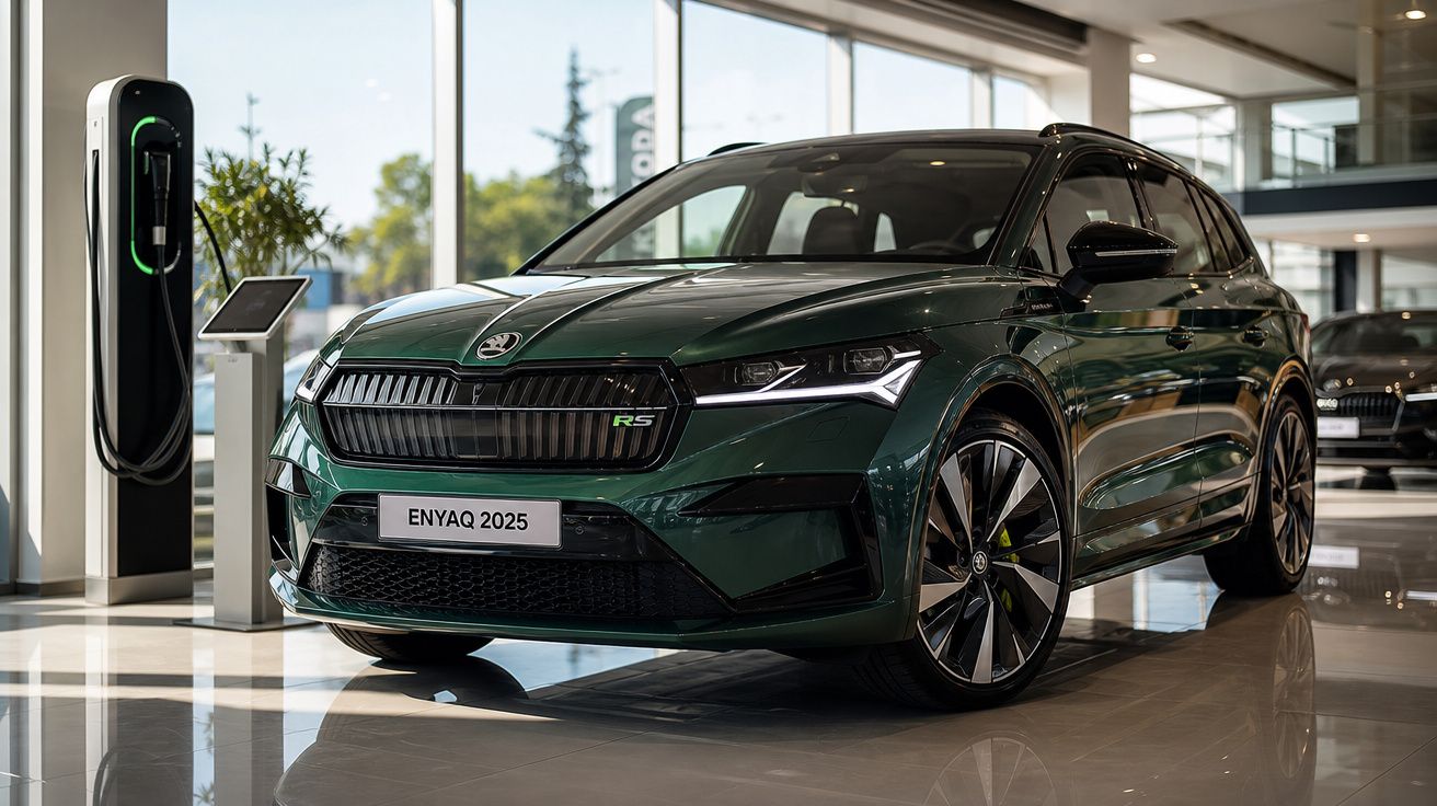Carro elétrico Škoda Enyaq 2025 verde escuro em exposição dentro de uma concessionária moderna.
