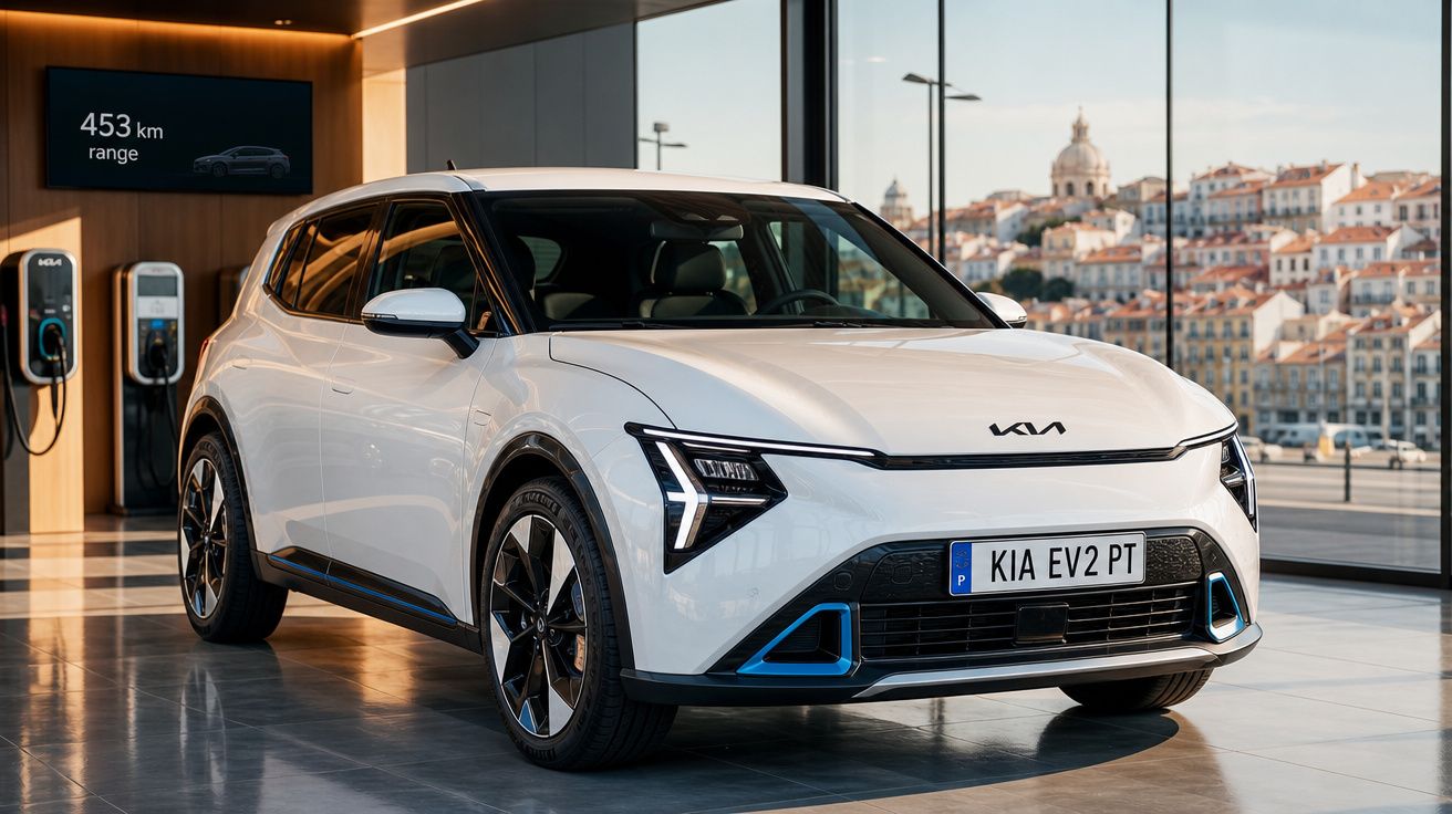 Carro elétrico branco Kia EV2 exposto em sala com carregadores e vista urbana ao fundo.