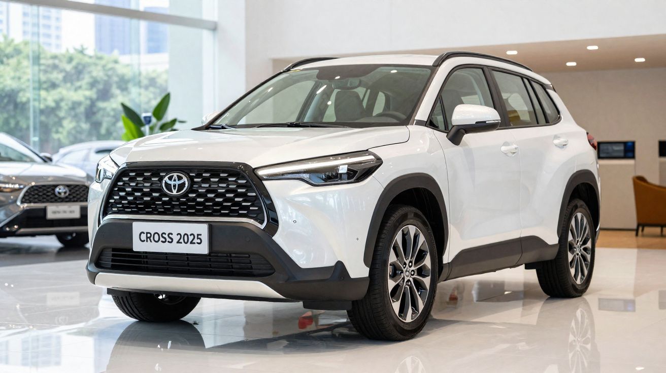 SUV Toyota Cross 2025 branco em exposição dentro de uma sala ampla e iluminada.