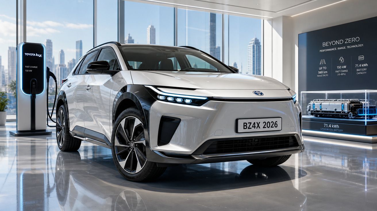 Carro elétrico Toyota bZ4X branco em exposição moderna com estação de carregamento ao lado.
