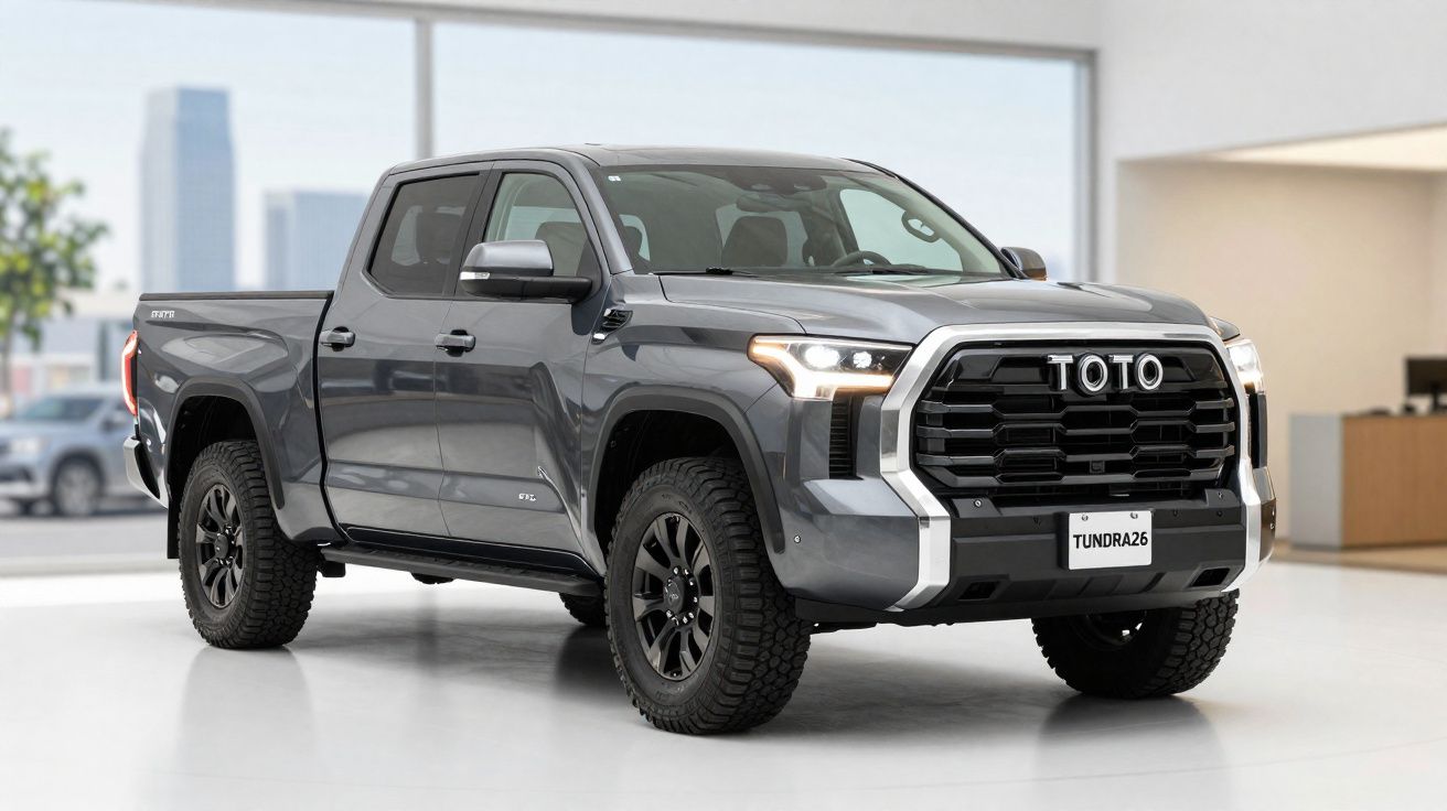 Pick-up cinzenta TOTO Tundra26 estacionada num showroom com janelas amplas ao fundo.