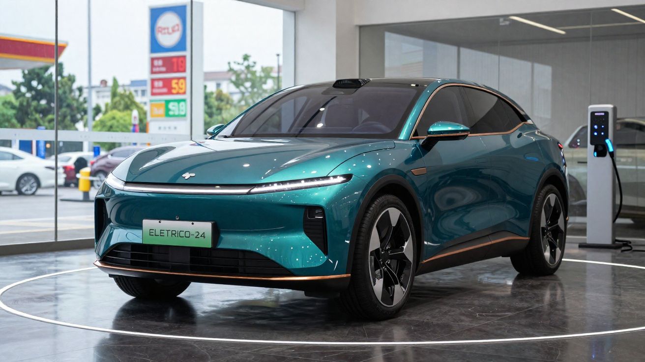 Carro elétrico moderno azul esverdeado estacionado em showroom com estação de carregamento ao lado.