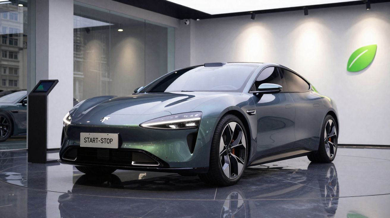 Carro elétrico desportivo cinzento escuro numa sala moderna com parede branca e símbolo de folha verde.