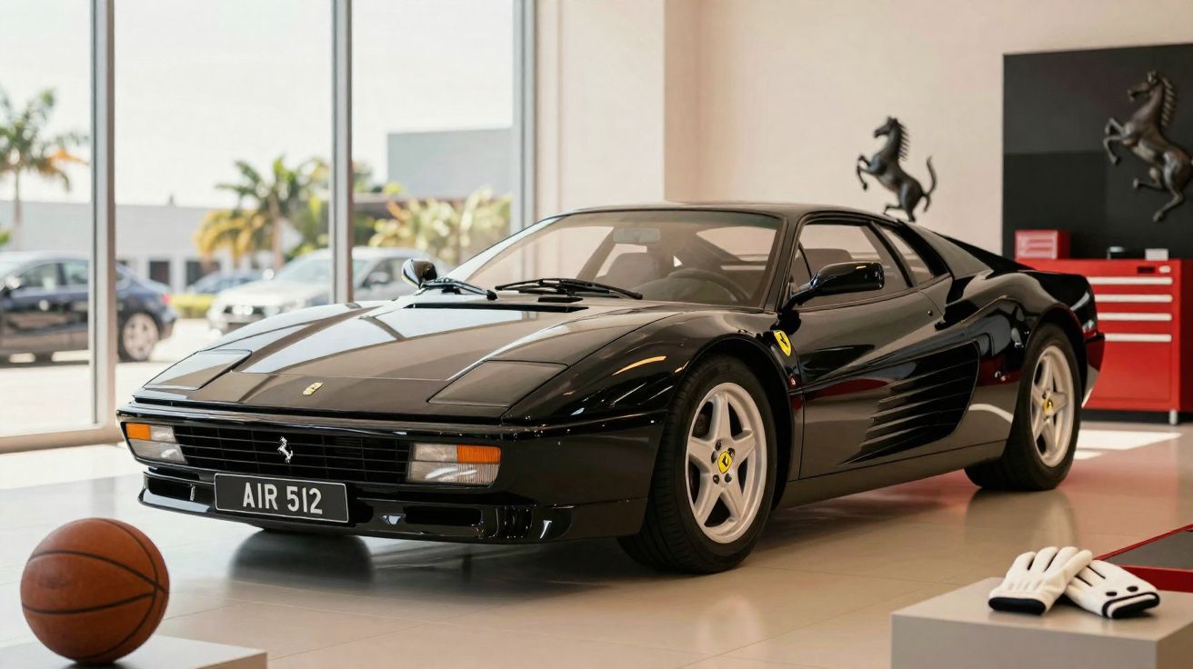 Ferrari preta clássica em exposição interior com bola de basquetebol e luvas em destaque.