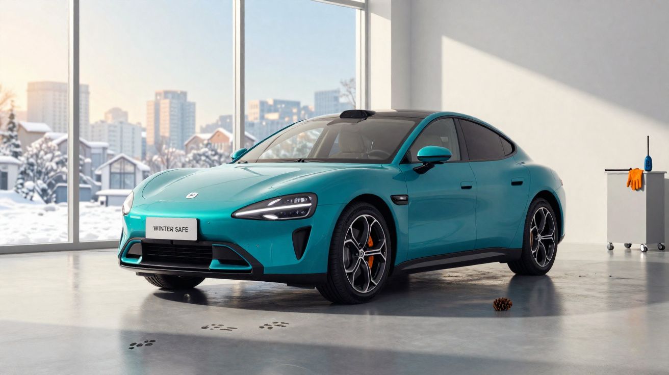 Carro elétrico azul estacionado em garagem com janela grande e vista para neve e cidade ao fundo.
