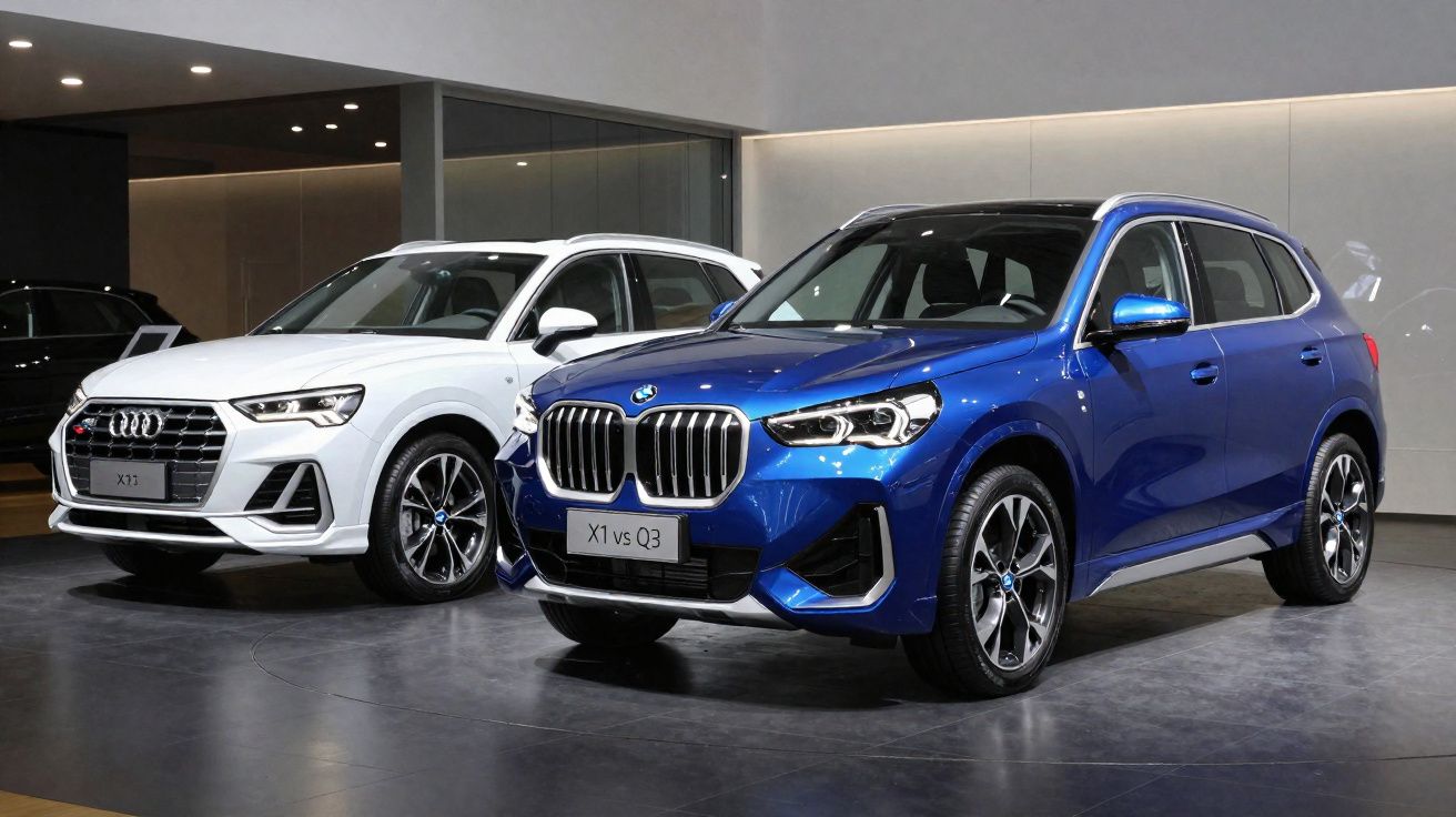 Dois SUV estacionados em showroom, um BMW azul e um Audi branco lado a lado.