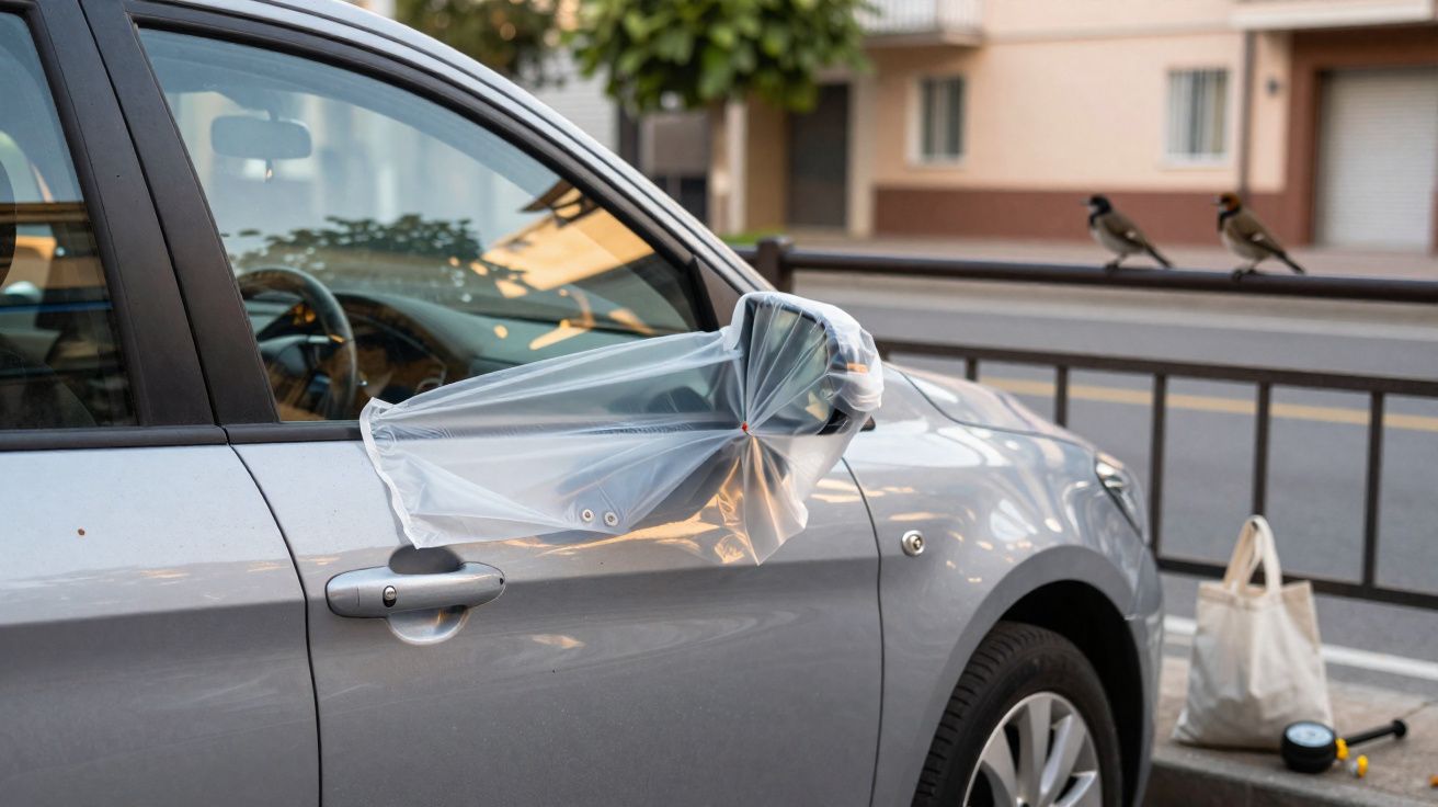 Espelho retrovisor de carro protegido por saco plástico transparente estacionado numa rua urbana.
